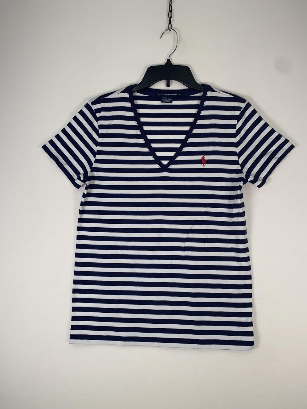 Ralph Lauren Sport T-shirt Womens XL Blue Stripe Short Sleeve V Neck Cotton Top